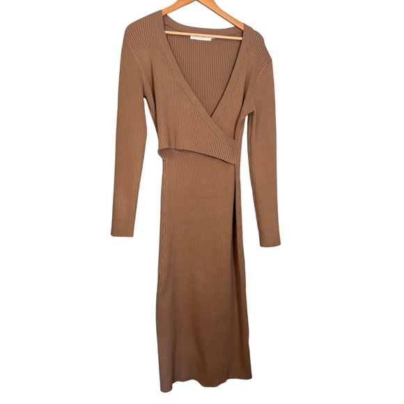 ASTR The Label Women's Ribbed Knit Long Sleeve Midi Wrap Dress Camel Size XL - Picture 1 of 9